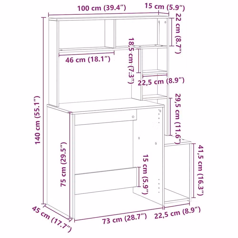 Berkfield Modern Black Writing Desk with Shelves in MDF, W/D/H: 100 x 45 x 140 cm – 5