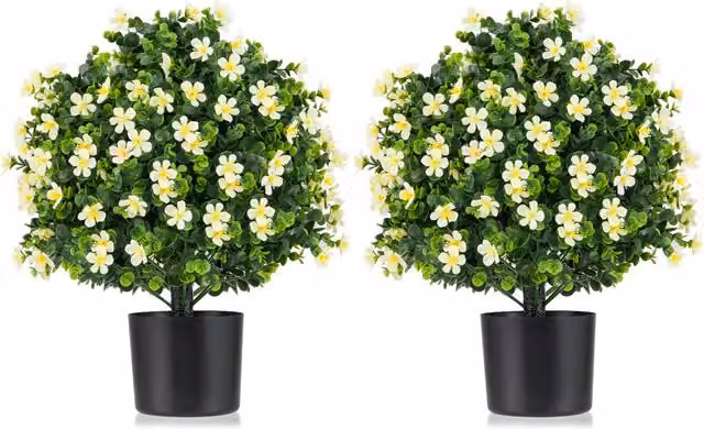 Costway 2 Pack Artificial Round Potted Boxwood Topiary Plants in Green, White and Purple