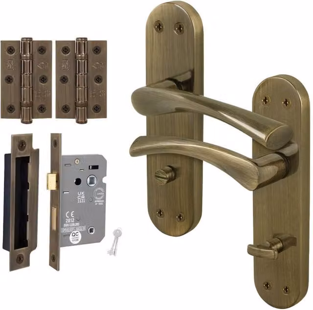 AFIT Antique Brass Twist Bathroom Handle and WC Lock Hinges Set in Bronze, 1 Pair