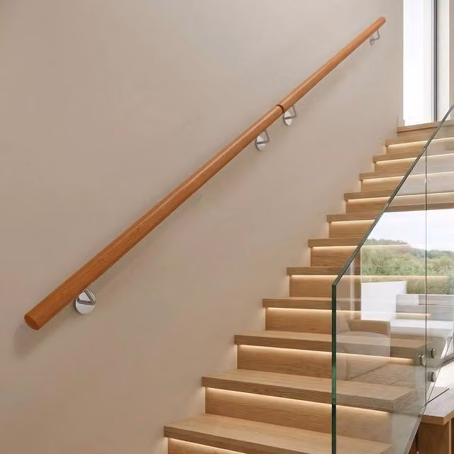 Kelvenix 80 cm Stairway Safety Railing with Round Corners in Brown Beech Wood and Stainless Steel, W: 100 cm, D: 52 cm