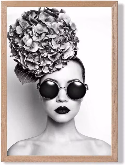 ARTZE Girl with Dark Sunglasses Black and White Framed Photo Print with Oak Frame, A4