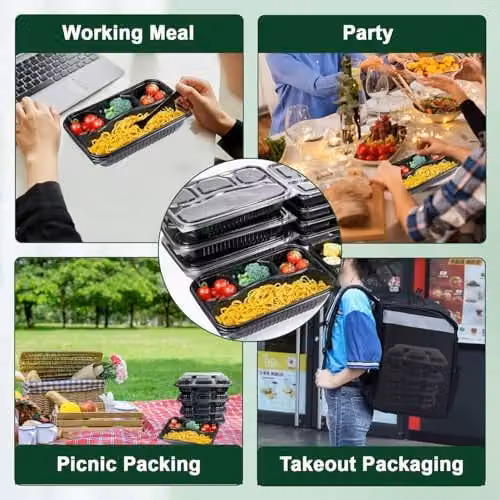 ECONX Black 4 Compartment Takeaway Meal Prep Containers with Snap Lids, Microwave and Freezer Safe, BPA Free Plastic – 6