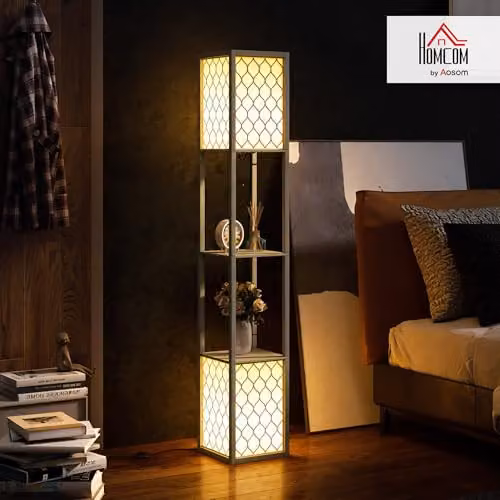 HOMCOM 2-Light Modern Floor Lamp with Shelves in Grey – 2