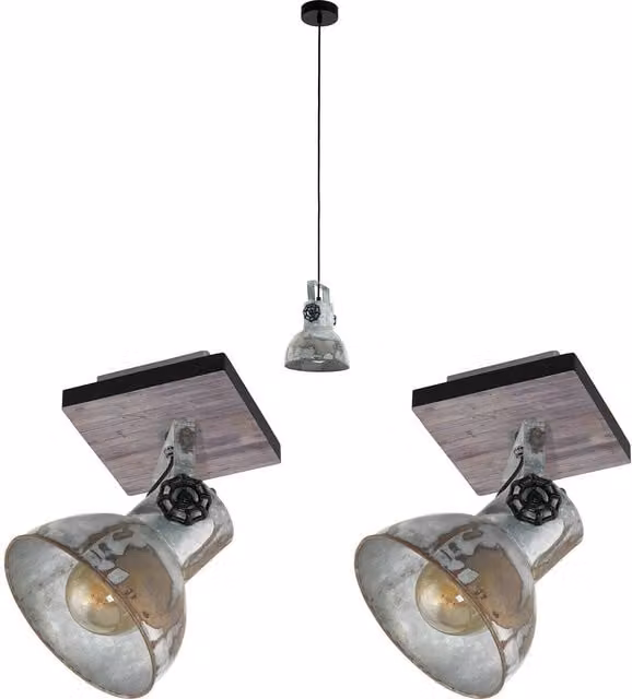 Loops Industrial Ceiling Pendant Light and 2x Matching Wall Lights in Black and Grey Metal and Wood – 1
