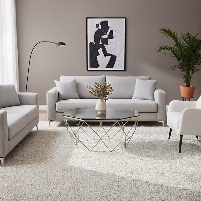 Orsina Allure Hexagon Coffee Table with Grey Glass Top and Brushed Nickel Metal Base