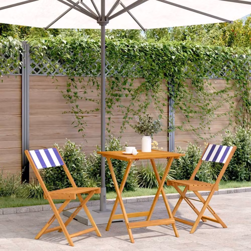 Berkfield Home Beautiful 3 Piece Maritime Bistro Set in Blue and White Striped Fabric and Oiled Acacia Wood – 2