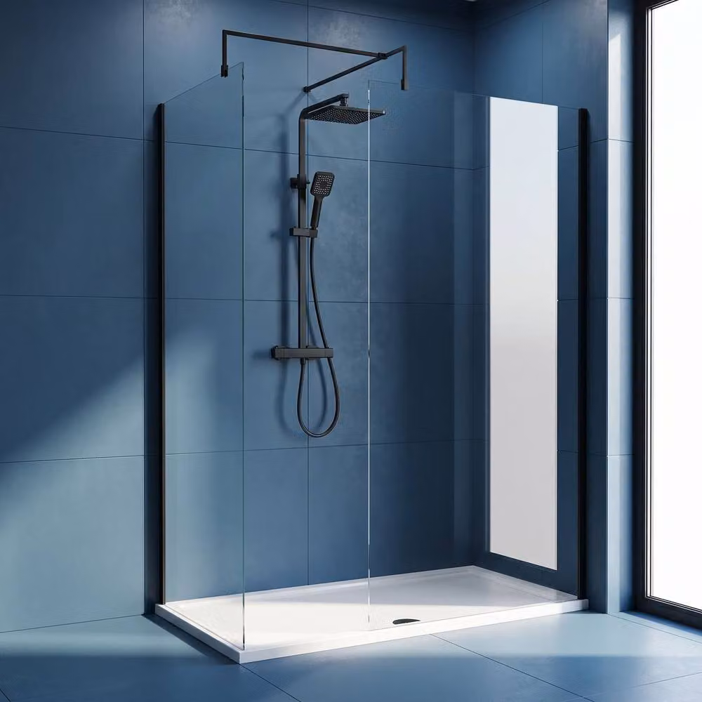Balterley Matt Black Walk-In Wetroom Bundle with Rectangular Transparent Glass, W: 1600 mm, D: 800 mm – 4
