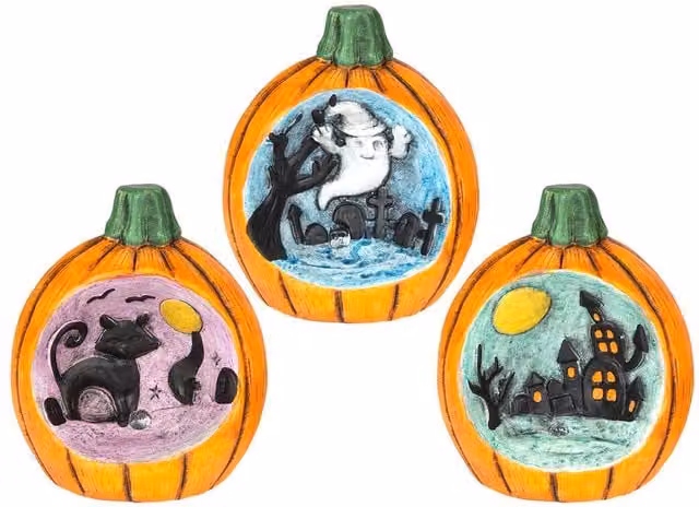 VFM e-Store Halloween LED Pumpkin Tabletop Scene Decorations, 3 Pack, Orange and Multicolour