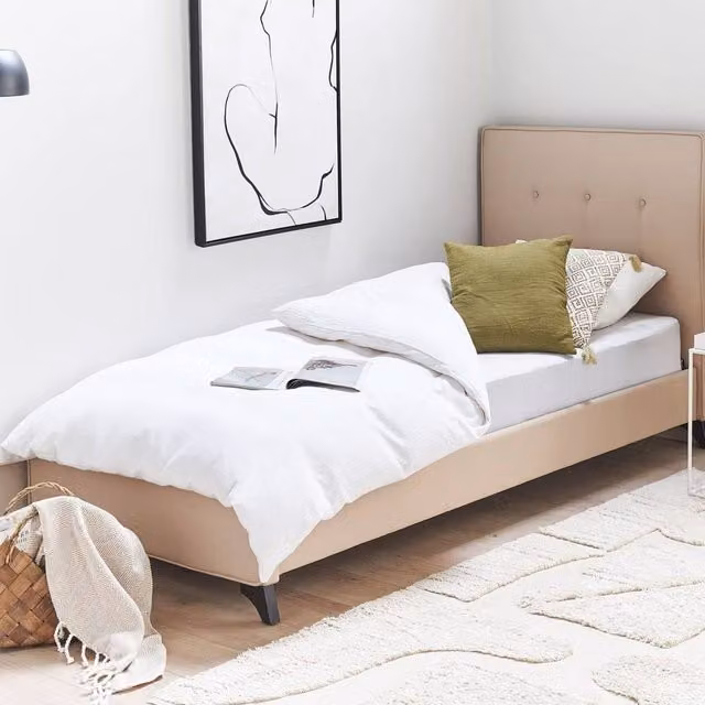 Wyld and Coco Scandi Single Bed in Beige Fabric with Rubberwood Legs – 1
