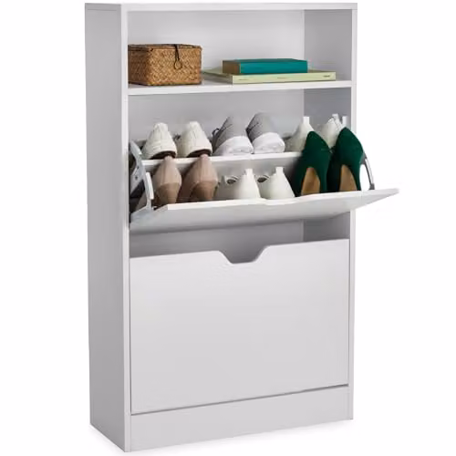 tectake Tall Shoe Storage Cabinet in White, W/D/H: 60 x 24 x 102 cm, Slim Space-Saving Design with 2 Tilting Compartments and Open Shelf for Up to 12 Pairs of Shoes – 1