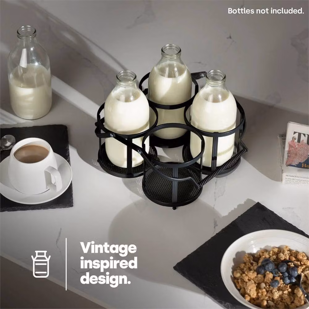 Nordara Black Metal 4 Milk Bottle Holder and Doorstep Storage Rack Caddy – 4