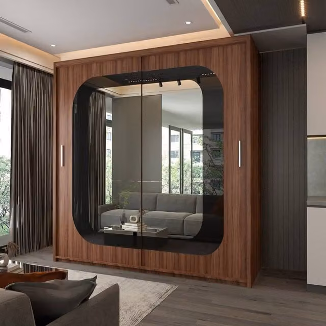 Sliding Wardrobes 4U Modern Double Door Sliding Wardrobe with Integrated LED Light, Walnut, W: 203 cm, H: 217 cm