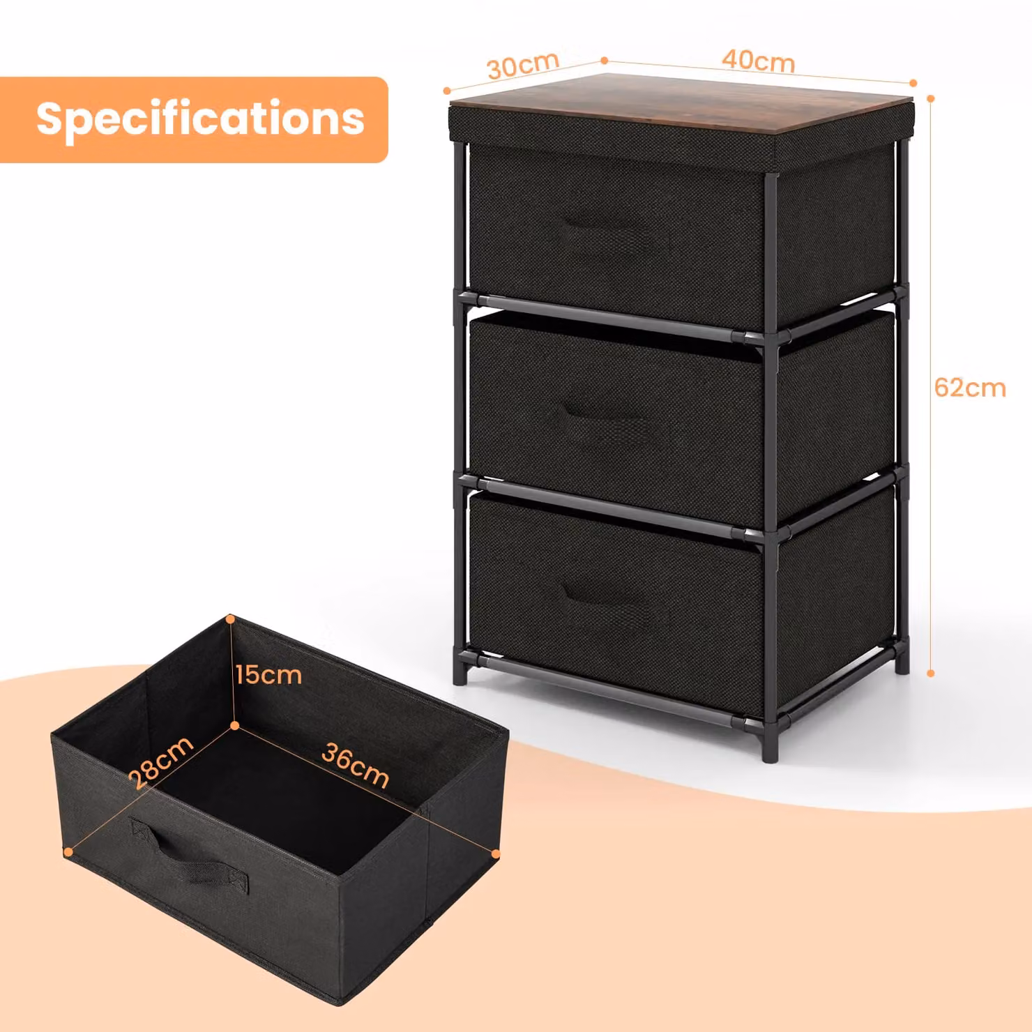 Costway 3-Tier Fabric Dresser and Nightstand Home Organiser Unit with 3 Drawers in Black – 2