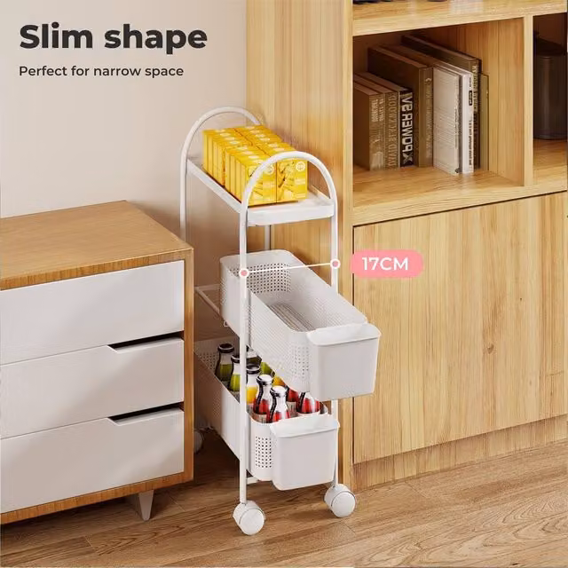 KORVIXA 3 Tier Slim Storage Trolley in White, W/D/H: 70 x 15 x 15 cm – 1