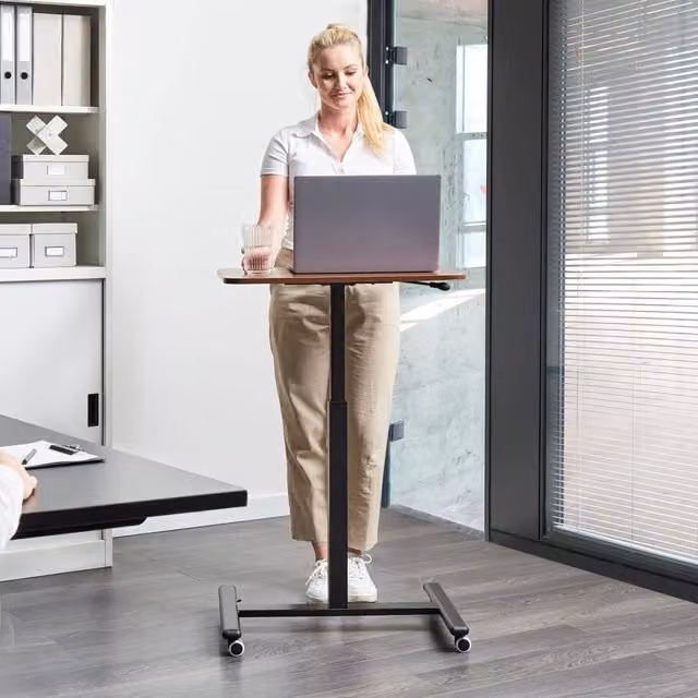 Wyld Haus Mobile Adjustable Laptop Desk in Brown with Steel Wheels and Manual Crank Height Adjustment