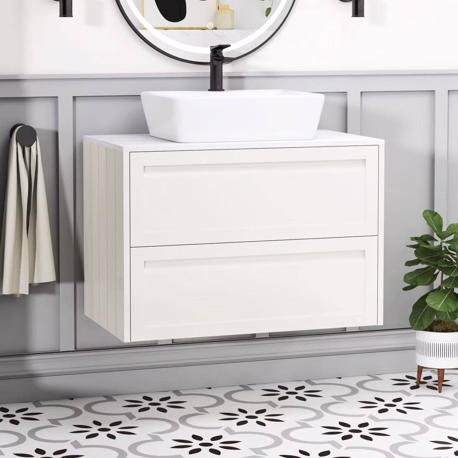 Royal Bathrooms Elmore Classic White Wall Hung 800mm Vanity Unit with 2 Drawers and Cube Basin