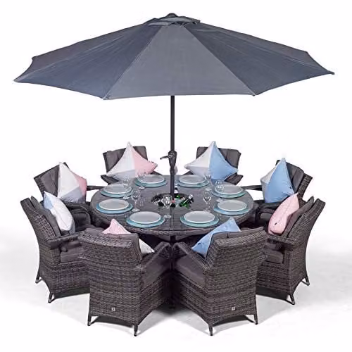 Thats Furniture Giardino Arizona 8 Seater Rattan Garden Dining Set with Ice Bucket Drinks Cooler in Grey and Brown, Diameter: 155 cm – 1