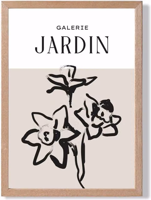 ARTZE Beige and Black Daffodil Boho Sketch Floral Framed Print with Oak Frame
