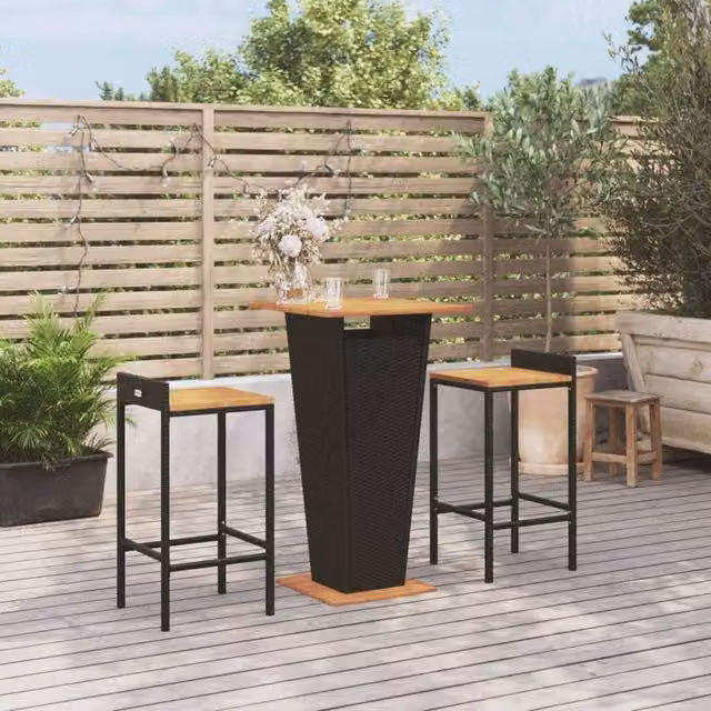 Berkfield Home 3 Piece Modern Garden Bar Set in Black Poly Rattan and Solid Acacia Wood