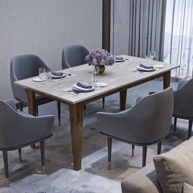 Decorotika Polka Modern Rectangle Dining Table in Beige Travertine