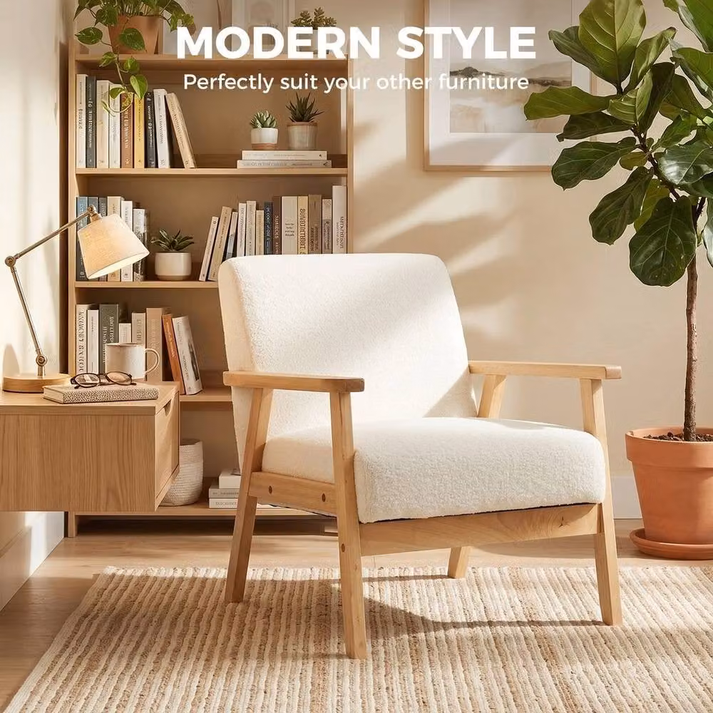 NESTLUNE Minimalist Bouclé Accent Chair with Solid Wood Frame in Beige – 3