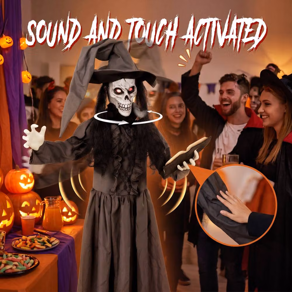 HOMCOM Life Size Animated Witch Halloween Decoration in Dark Grey, Height: 180 cm – 4