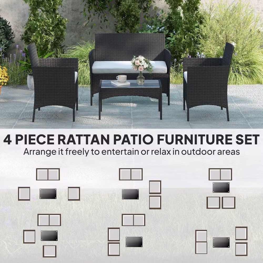 Outsunny 4 Piece Rattan Garden Furniture Set with Cushions in Black and Grey – 11
