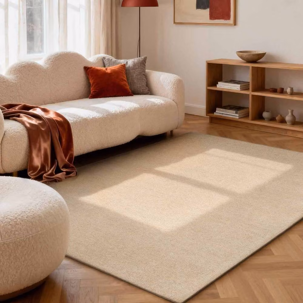 THE RUGS Puristic Fine Boucle Wool Round Rug in Light Beige, Diameter: 200 cm – 3