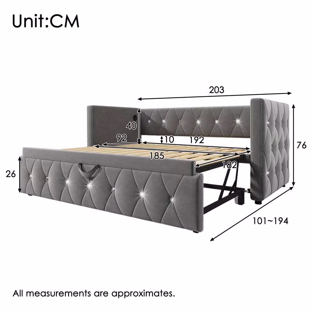 ModernLuxe Grey Velvet Upholstered Single Daybed with Pull Out Trundle Bed, W/D/H: 90 x 190 x 76 cm – 2