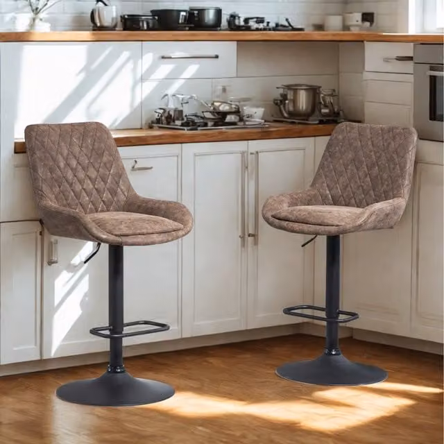 Furnold Set of 2 Modern Swivel Bar Stools in Brown Faux Leather with Footrest