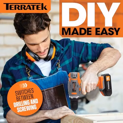 Terratek 18V Cordless Drill Set with 13-Piece Kit and Rechargeable Battery in Orange and Grey – 6