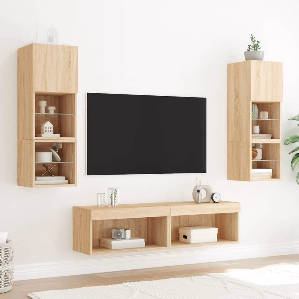 Berkfield Home 6 Piece Modern TV Wall Unit Set with Integrated LED Lighting in Sonoma Oak and Light Tan – 2