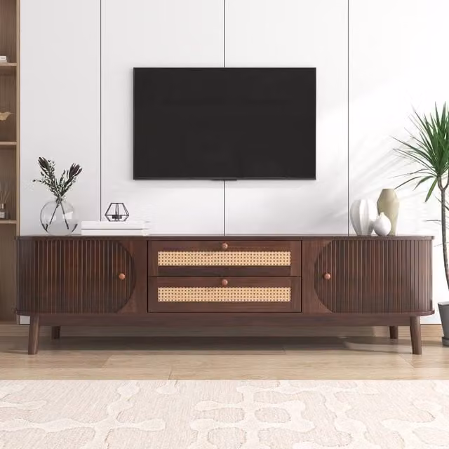 Merax Rattan TV Cabinet with Sliding Doors and Drawers in Brown Walnut