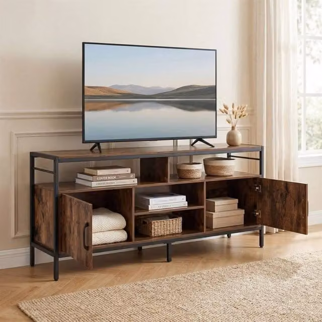 FORGEVIO Rustic Wooden Media TV Console Table in Brown