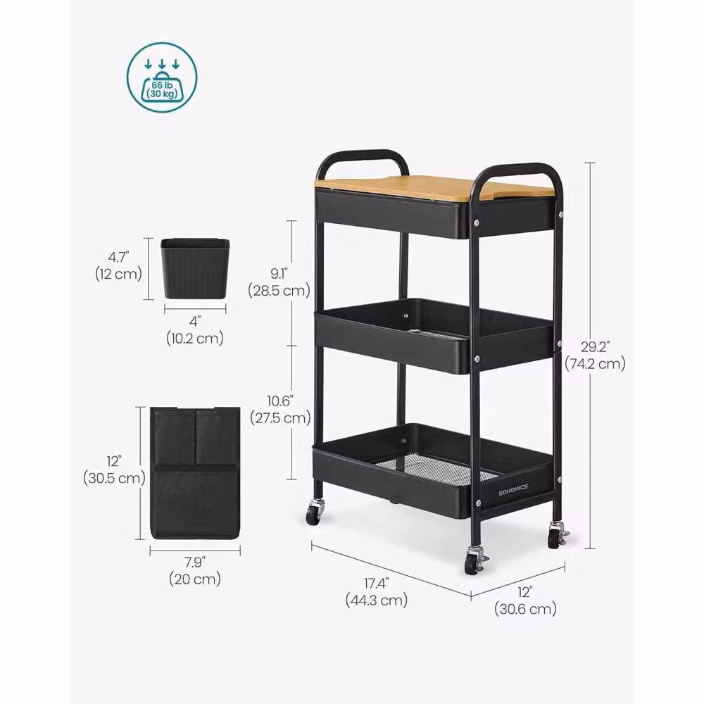 The Bazaarist 3 Tier Rolling Utility Cart with Wood Tabletop, Matt Black – 3