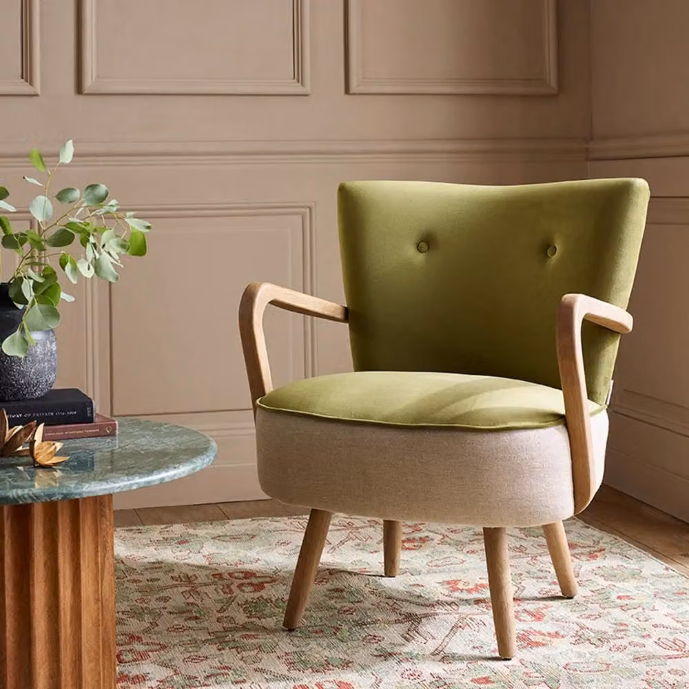 Atkin & Thyme Calvin Mid-Century Armchair in Green Velvet with Oak Wood Frame