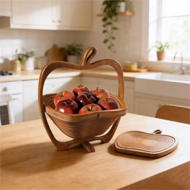 SPETLEK Brown Apple Shaped Collapsible Bamboo and Wooden Fruit Basket – 1