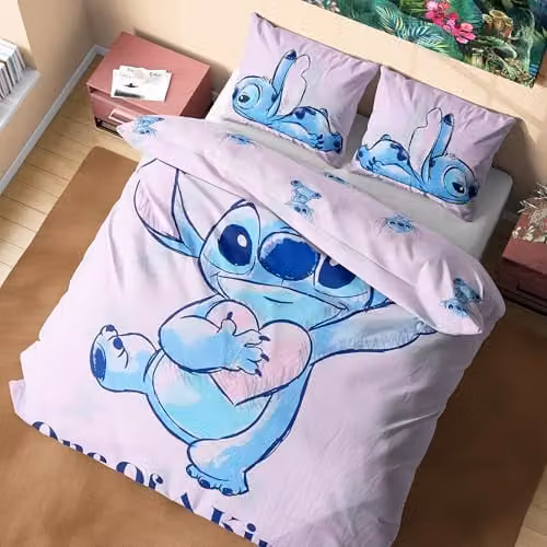 Disney Stitch Pink and Multicolour Duvet Cover and Pillowcase Set for Kids and Teenagers, W/D/H: 200 x 200 cm and 50 x 75 cm