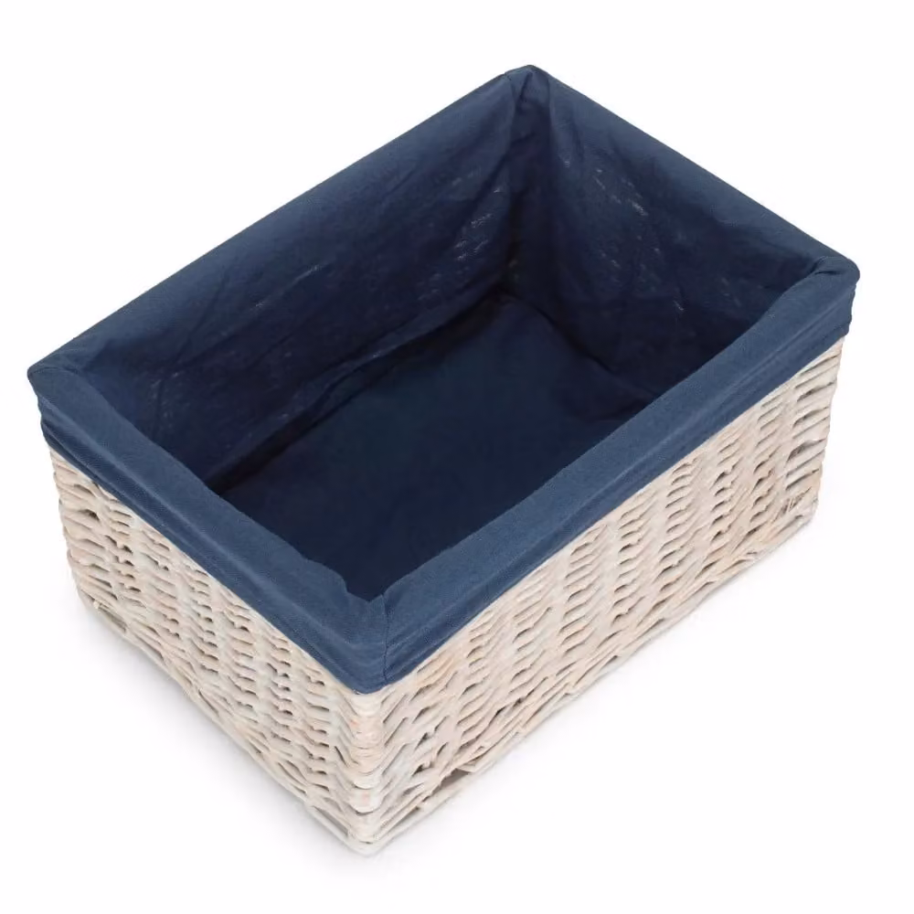 Red Hamper White Wash Open Storage Wicker Basket with Navy Lined Cotton Interior in Blue – 2