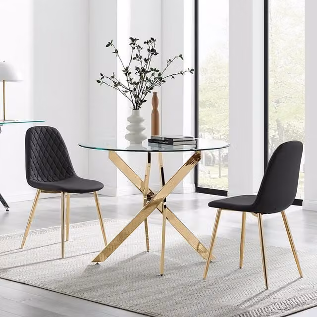 FurnitureboxUK Novara Round Glass Dining Table with 2 Corona Chairs in Black and Gold, Diameter: 100 cm – 1