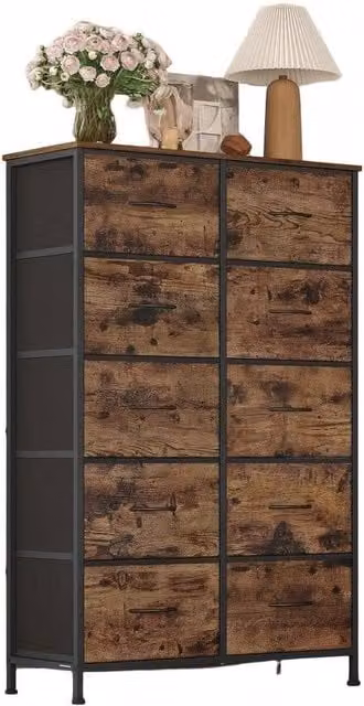 VOGREX Modern Brown Metal Chest of Drawers with 10 Fabric Drawers