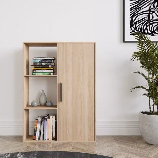 DECOROTIKA Patrick Minimalist Bookcase Display Unit with Cabinet in Sapphire Oak – 1