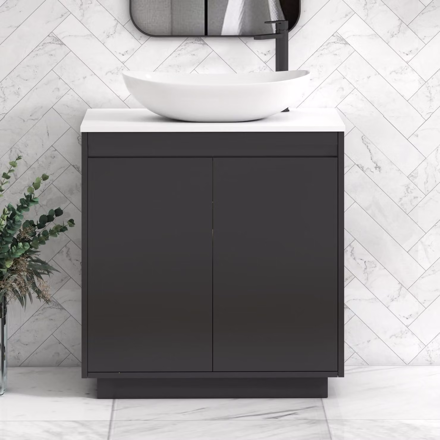 Royal Bathrooms Orion 800mm Matt Obsidian Black and Plain White Floor Standing 2 Door Vanity Unit with Cesar Basin and Black Accent Trim