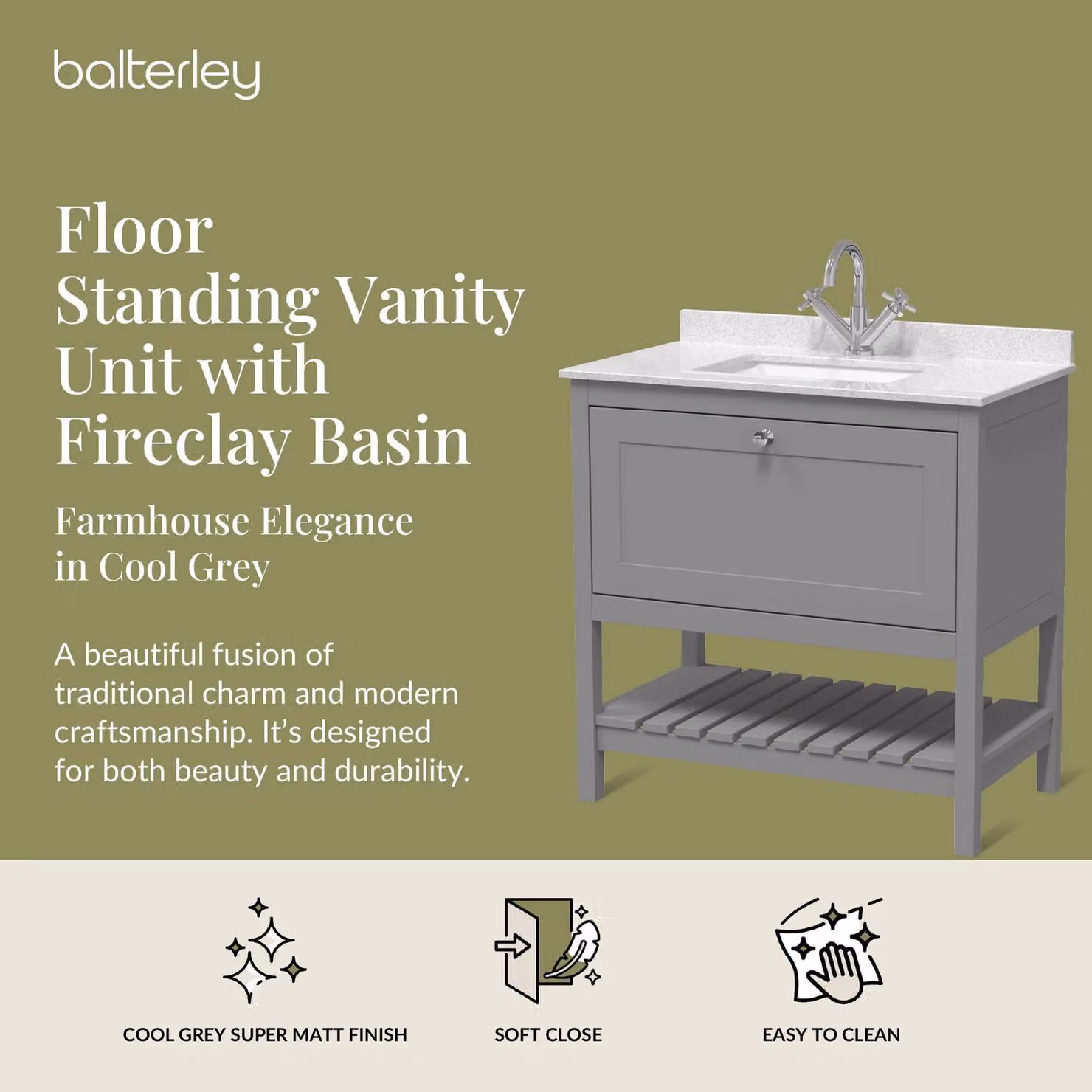 Balterley Floor Standing 1 Drawer Bathroom Vanity in Cool Grey and White, W: 82 cm – 2