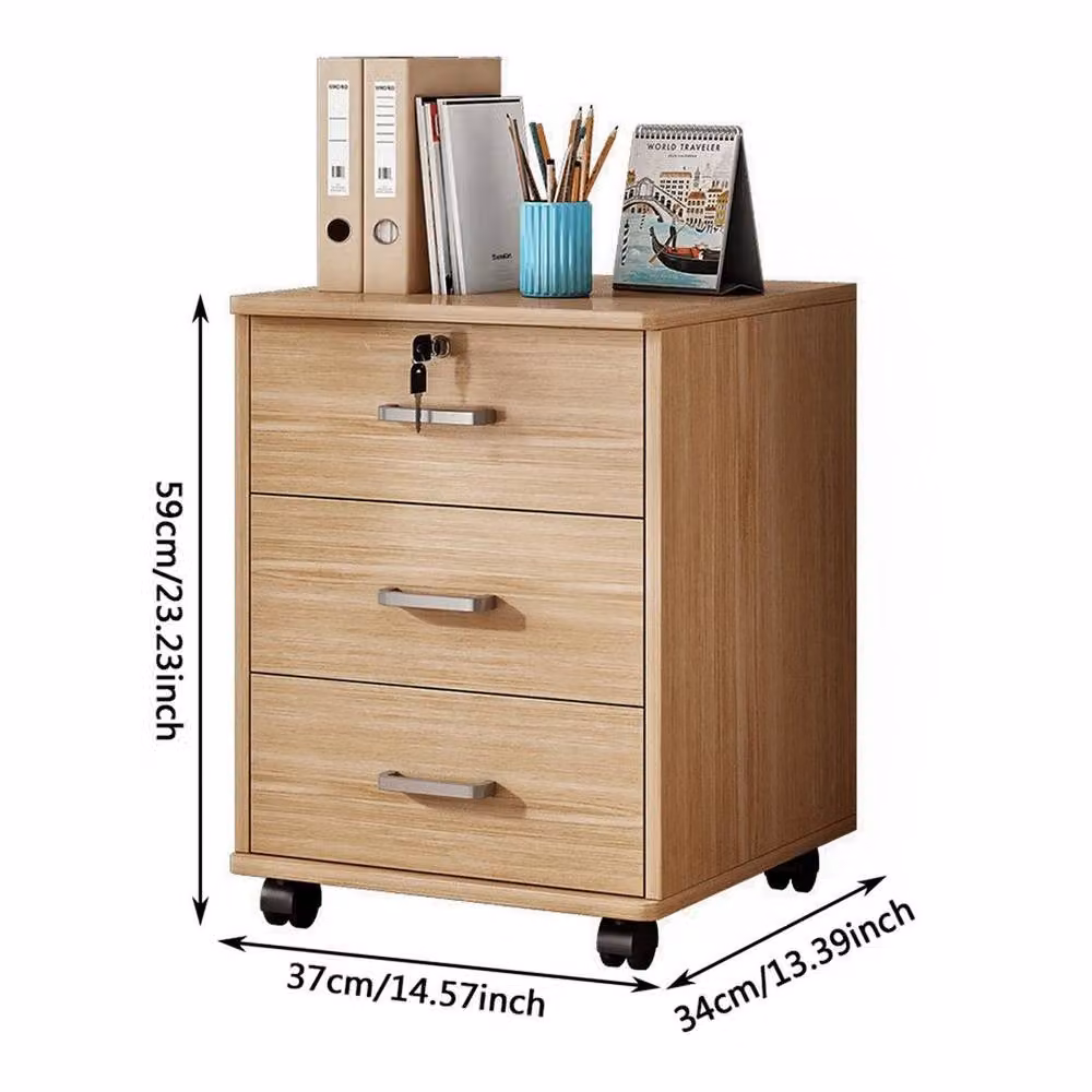 KORVIXA 3 Drawer Mobile File Cabinet with Lock and Castors in Natural Wood Brown/Beige – 2