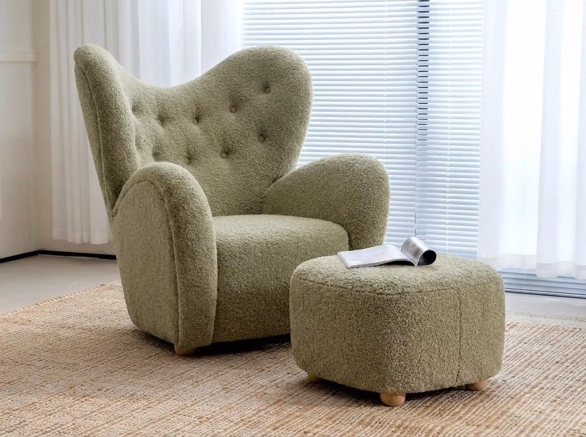 Araco Atelier Teddy Armchair in Laurel Beige and Green Bouclé Fabric