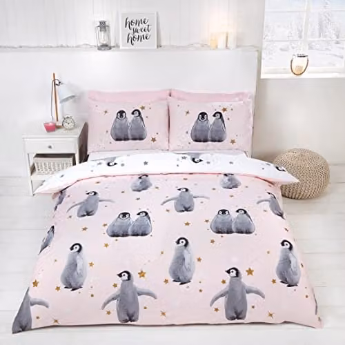 Rapport Home Starry Penguin Reversible Polycotton Duvet Cover Set with Pillowcases in Pink and Blue, W/D/H: 230 x 220 x 50 cm