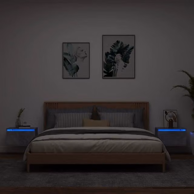 Berkfield Home Set of 2 Wall-mounted Bedside Cabinets with Integrated LED Lights in Concrete Grey – 1