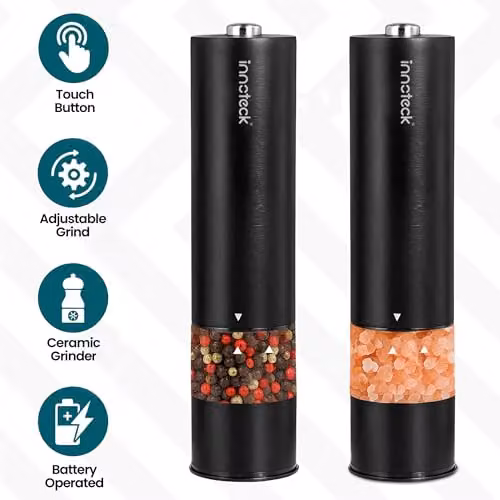 Innoteck Electric Salt and Pepper Mill Set with Ceramic Grinder and Integrated Light, Battery-Operated, Black – 7