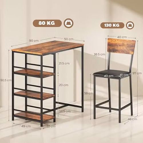 HOMCOM 3 Piece Industrial Breakfast Bar Table Set with Storage and Padded Seats in Rustic Brown – 4